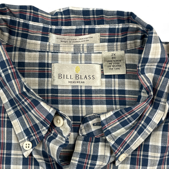 Vintage Bill Blass Shirt Adult 2XL XXL Blue Plaid Button Down Long Sleeve 90s - Picture 5 of 8